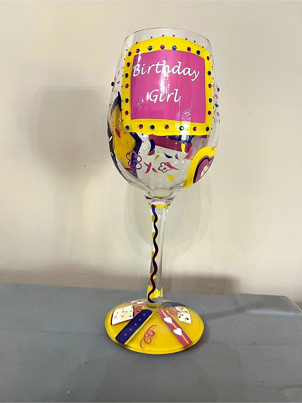 Lolita Birthday Girl Hand-Painted Wine Glass Purple & Yellow